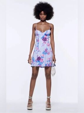 Zara Blue Floral Spaghetti-Strap Mini Dress
